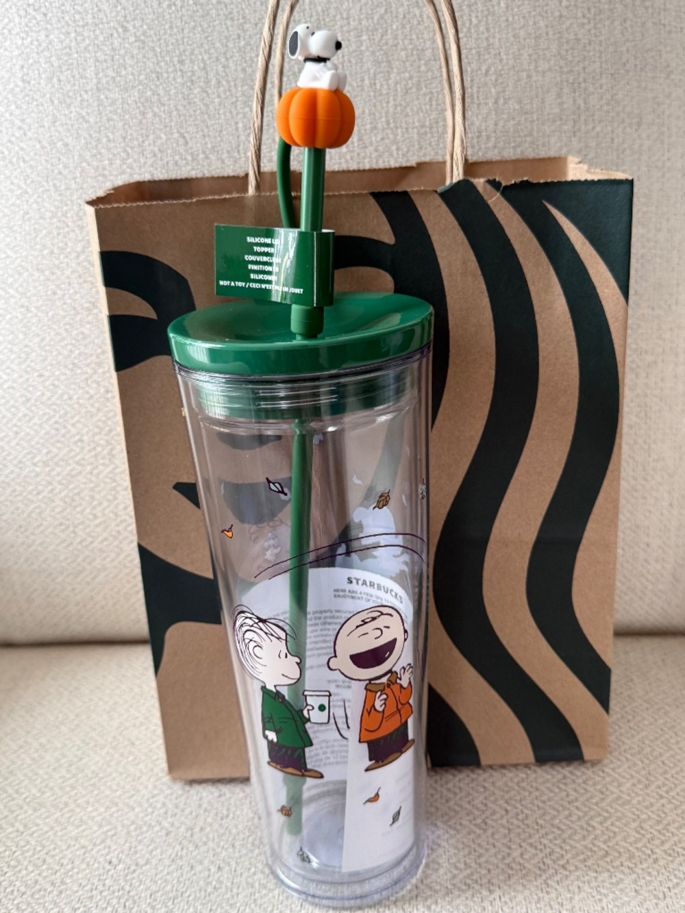 Starbucks Peanuts Snoopy Clear Tumbler Cup Green Lid & Straw Pumpkin Topper